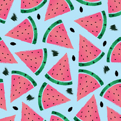 Seamless watermelon background. Triangular slices of juicy watermelon with seeds. Vector illustration on a blue background, isolated for design and web.