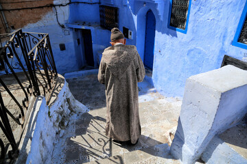 Chefchaouen, Morocco - 02.24.2019: View from the city street where all buildings are painted only in blue.