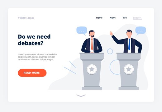 Male candidates debate on tribunes. The concept for promotion and active political discussion. Pre-election campaign website landing page. Flat Vector Illustration.