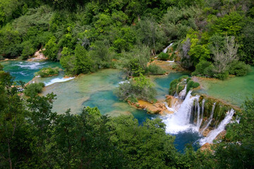 Fototapeta premium Beautiful waterfalls in National Park Krka, Croatia. Krka is popular summer travel destination.