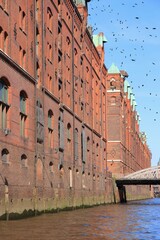 Hamburg Warehouse District. Black birds flock over city.