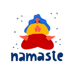 A woman sitting meditating. Flat illustration of a meditating yogi with namaste hand lettering. Vector illustration of meditation posture.