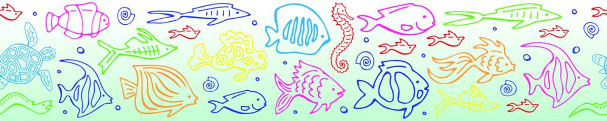 Seamless ribbon border with doodle fishes  . Vector set. Hand drawing.