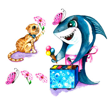Set with watercolor kids illustrations: good shark sells ice cream,red cat with flower,pink butterfly and flowers.Hand drawn painting filled with kindness,friendliness.For postcards,posters,textiles.