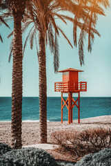 Lifeguard tower on the beach. Benalmadena, Malaga. Spain
