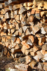Firewood piled up outside in winter