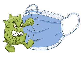 Cartoon anger microbe and medical mask