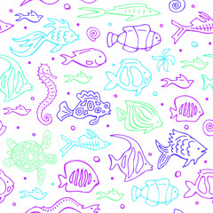 Seamless pattern with doodle fishes on a blue background. Vector set. Hand drawing.
