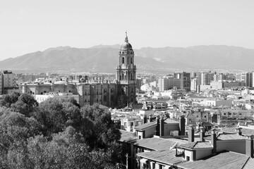 Fototapeta na wymiar Malaga city, Spain. Black and white vintage filter style.