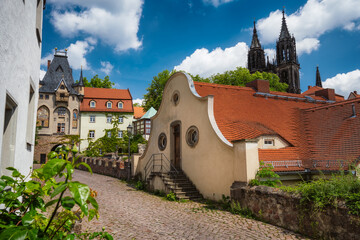 Fable fairy tale Meissen old town. Beautiful Albrechtsburg Castle. Old orange tiled roof buildings....