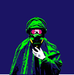Person wearing a respirator looks at their mobile phone; display is reflected in the glass of the protective mask. Vector graphics with four editable colors.