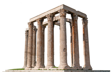 De tempel van Olympische Zeus, ook bekend als de Olympieion of kolommen van de Olympische Zeus, geïsoleerd op een witte achtergrond. Het is een tempel in het centrum van de Griekse hoofdstad Athene.