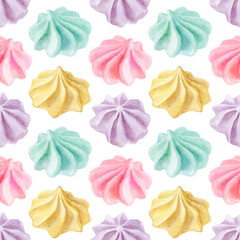 Colorful sweet delicious watercolor seamless pattern with meringue Isolated  on white. Watercolor hand drawn illustration.