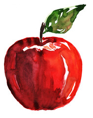 Watercolor red tasty apple with green leaf - obrazy, fototapety, plakaty