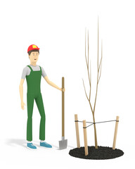 Gardener with a shovel is standing near the just planted young tree. 3D illustration