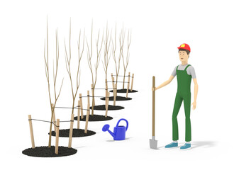 Gardener with a shovel is standing near the row of just planted young trees. 3D illustration
