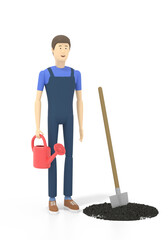 Gardener with a watering can and a shovel is standing near the soil turned over. 3D illustration