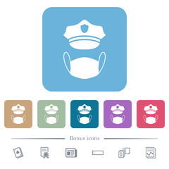 Police hat and medical face mask flat icons on color rounded square backgrounds