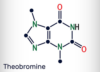 Theobromine, dimethylxanthine, purine alkaloid C7H8N4O2 molecule. It is xanthine alkaloid in the cacao bean. Skeletal chemical formula. Illustration