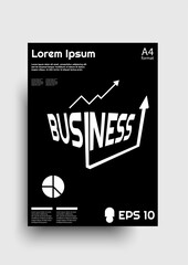 Business black background design with charts and signs, designed in A4 format. Typography and text. Can be used for posters, pages, books, business cards etc. EPS 10 vector