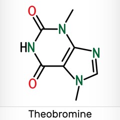 Theobromine, dimethylxanthine, purine alkaloid C7H8N4O2 molecule. It is xanthine alkaloid in the cacao bean. Skeletal chemical formula. Vector illustration