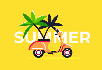 Vintage moped with a palm tree riding on an orange background. Vector illustration, summer banner