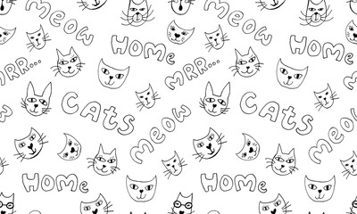 Hand drawn vector illustration of cat face. Seamless pattern with cute funny domestic animal. Simple childish drawing.
