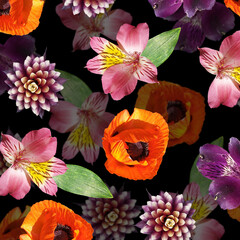 Beautiful floral background of alstroemeria, poppy and guzmania. Isolated