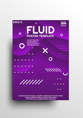 Fluid background design with violet gradient, designed in A4 format. Abstract poster design with waves and different details, for titles, posters, banners etc. Eps 10 vector