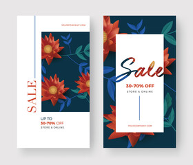 Set of Summer Sale banner with flower and leaf background. Vertical template layout. For online shopping, cosmetic. green Color. Mobile App, Vector illustration.