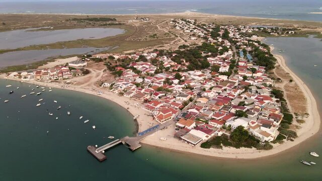 Aerial view of Armona island on Ria Formosa, Olhao, Algarve, Portugal