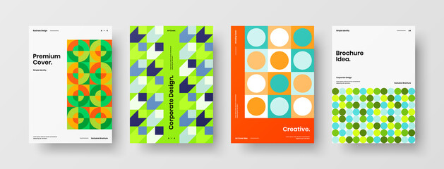 Fototapeta premium Company identity brochure template collection. Business presentation vector A4 vertical orientation front page mock up set. Corporate report cover abstract geometric illustration design layout bundle.