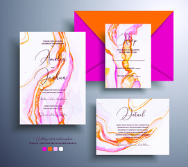 Collection of acrylic wedding invitations with stone pattern. Agate vector cards with marble effect and swirling paints, orange, pink and white colors. Designed for greeting cards, brochures and etc.