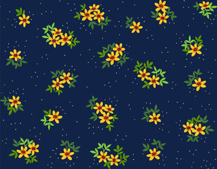 Floral pattern. Pretty flowers on navy background. Printing with small yellow flowers. Ditsy print. Seamless vector texture. Spring bouquet.