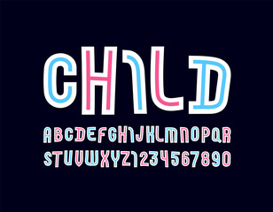 Playful colored font, modern children alphabet, trendy Latin letters from A to Z and Arab numbers from 0 to 9, vector illustration 10EPS