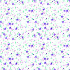Fototapeta na wymiar Floral pattern. Pretty flowers on white background. Printing with small lilac flowers. Ditsy print. Seamless vector texture. Spring bouquet.