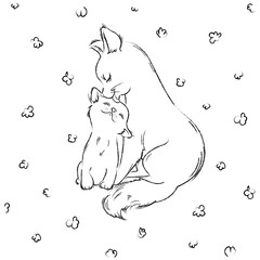 Little cat with mom illustration in sketch style, Cute vector with funny pets, can be used for your design or print t-shirt or textile, fabric or coloring books, vector illustration 10eps