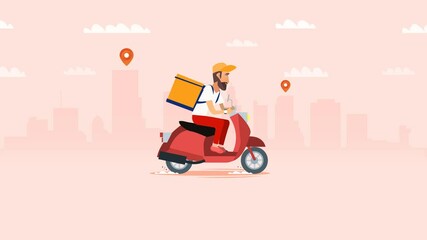 Delivery, the guy on the bike carries the parcel. Urban landscape. courier driving bike fast food food. Flat design vector illustration.