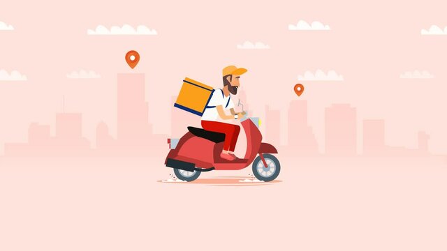 Delivery, the guy on the bike carries the parcel. Urban landscape. courier driving bike fast food food. Flat design vector illustration.