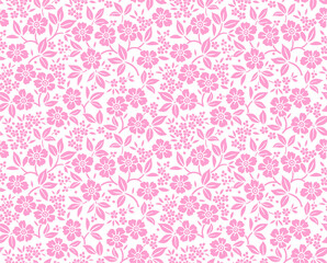 Simple cute pattern in small pink flowers on white background. Liberty style. Ditsy print. Floral seamless background. The elegant the template for fashion prints.