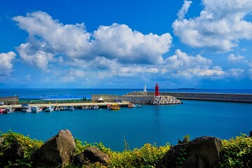제주도 구름이 아름다운 날 위미항 항구 모습