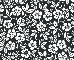 Cute floral pattern in the small flower. Ditsy print. Seamless vector texture. Elegant template for fashion prints. Printing with small white flowers. Black background.