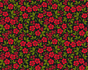 Vector seamless pattern. Pretty pattern in small flower. Small red flowers. Dark background. Ditsy floral background. The elegant the template for fashion prints.