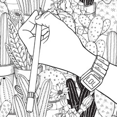Human hand with a clock. Pattern with cactus. Black and white Doodle style. Coloring book page for adult.