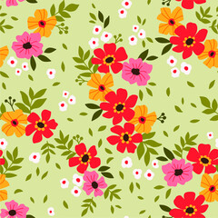 Floral pattern. Pretty flowers on light green background. Printing with small red and yellow flowers. Ditsy print. Seamless vector texture. Spring bouquet.