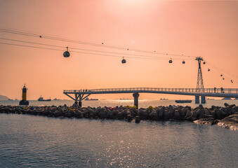 Fototapeta premium Busan city with Haeundae beach at sunset in Busan, South Gyeongsang Province, South Korea.