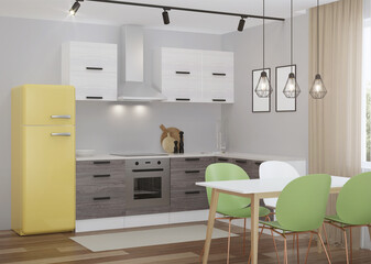 Scandinavian-style corner kitchen with yellow fridge. 3D rendering.