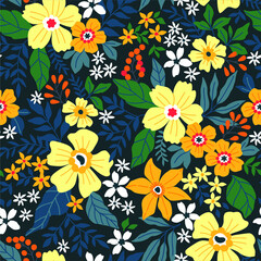 Fototapeta na wymiar Trendy seamless vector floral pattern. Endless print made of small colorful flowers, leaves and berries. Summer and spring motifs. Vector illustration.