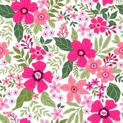 Fototapeten Amazing seamless floral pattern with bright red and coral flowers and leaves on a white background. The elegant the template for fashion prints. Modern floral background.  © ann_and_pen