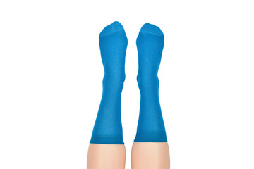 Woman in blue socks isolated on white background. Top view.